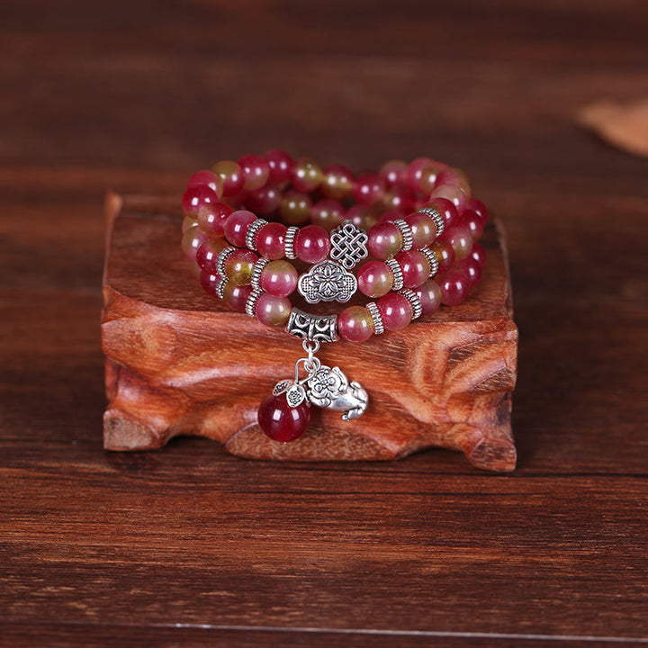Buddha Stones天然スイカトルマリン貔貅象ポジティブトリプルラップブレスレット