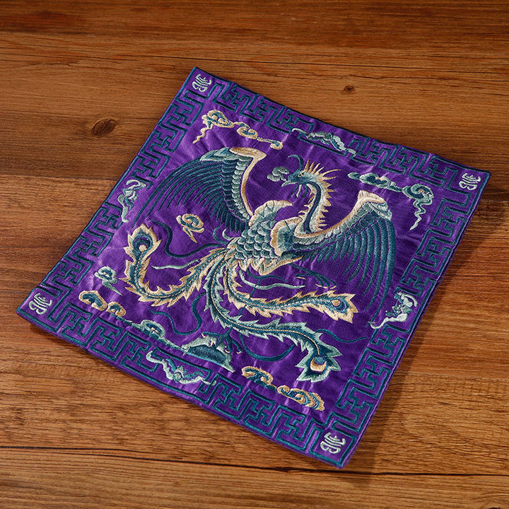 Buddha Stones鳳凰 龍 麒麟 刺繍 カップマットパッド ティーカップコースター スクエア カンフーティーマット