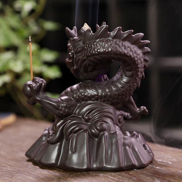 Buddha Stones縁起の良い龍 セラミック 逆流煙噴水 瞑想 癒し 香炉 LED ボール 装飾