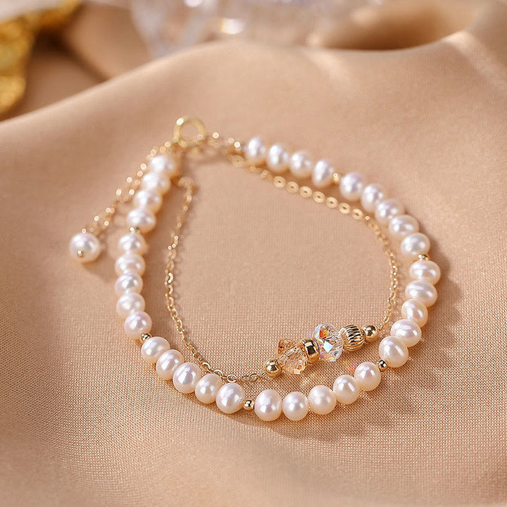 Buddha Stones925スターリングシルバー 14Kゴールドメッキ 天然パールクリスタル ヒーリング ダブルレイヤーブレスレット