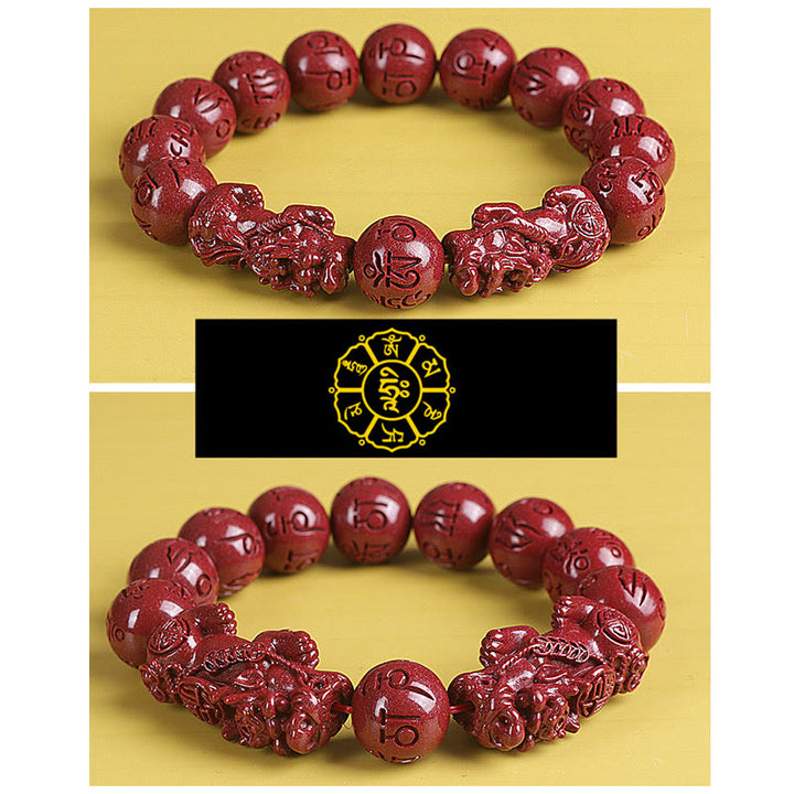 Buddha Stones天然 ダブル 貔貅 辰砂オーム・マニ・パドメ・フム富と幸運のビーズブレスレット