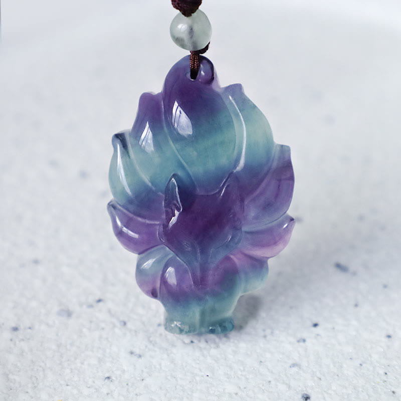 Buddha Stones天然蛍石ゴールド光沢黒曜石フォックスペンダント保護ネックレス