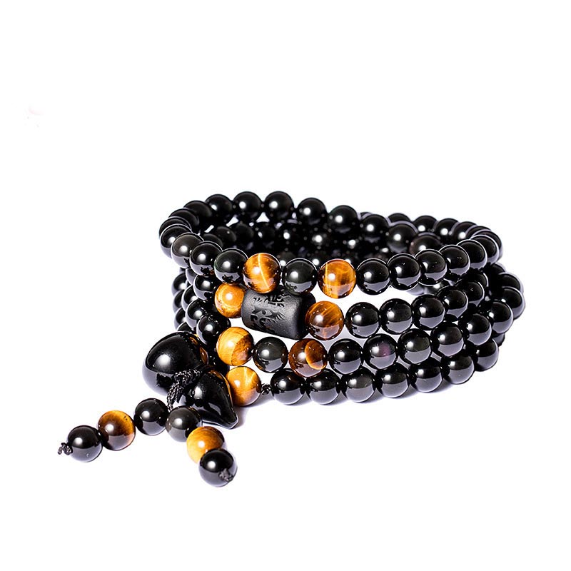 Buddha Stones天然黒曜石 レインボーオブシディアン ひょうたん 祝福ブレスレットMala