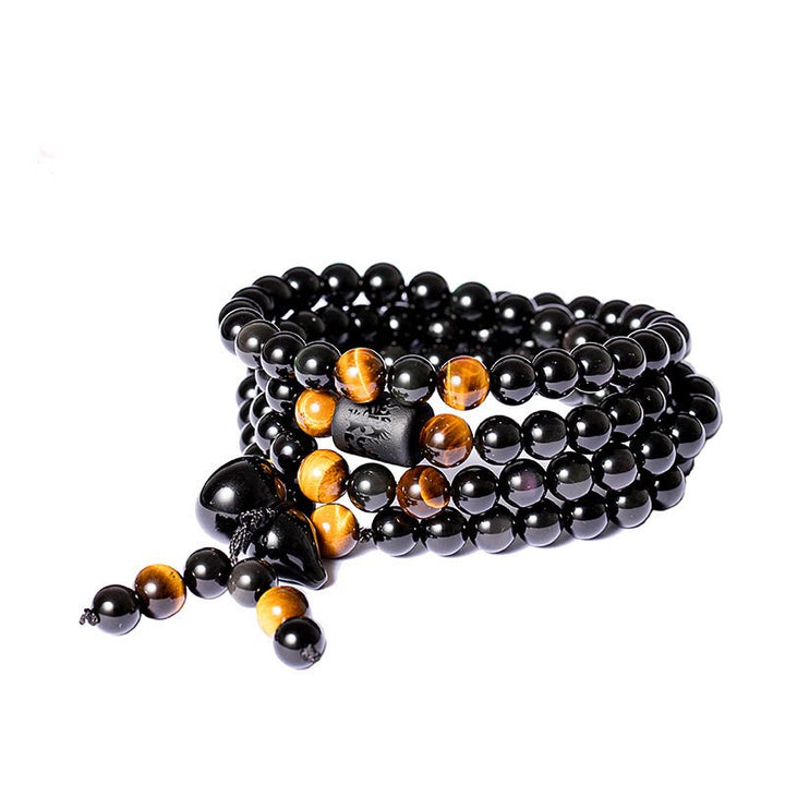 Buddha Stones天然黒曜石 レインボーオブシディアン ひょうたん 祝福ブレスレットMala