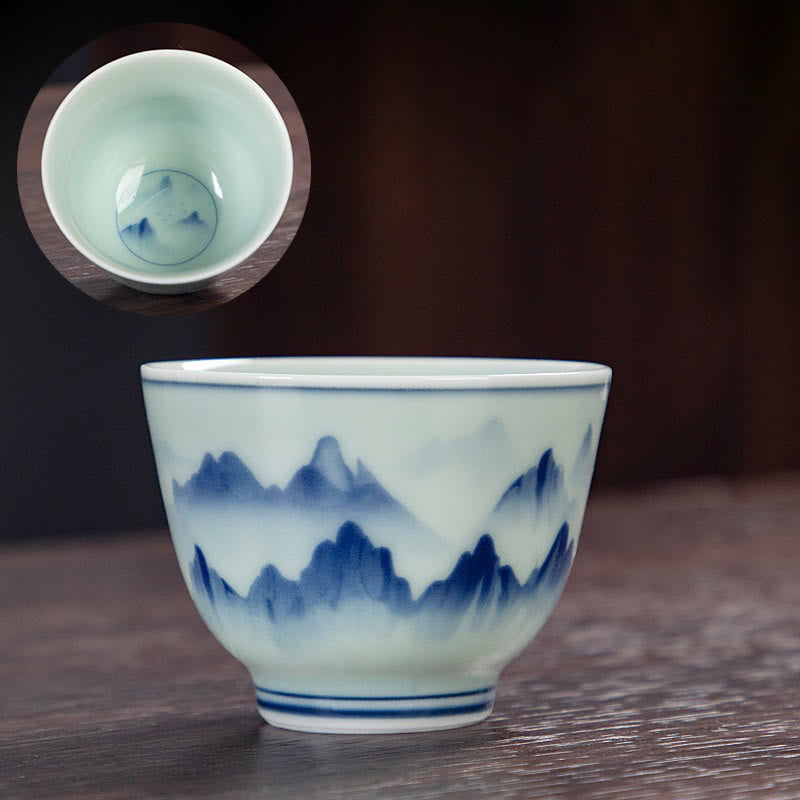 Buddha Stones、青い風景、山、蓮、かわいい猫、パビリオン、マグノリア、葦、白鷺、陶器のティーカップ、小さなカンフーティーカップ