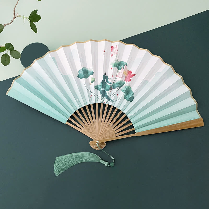 Buddha Stonesレトロ 蓮の花 葉 山 湖 手持ち扇子 竹製フレーム付き