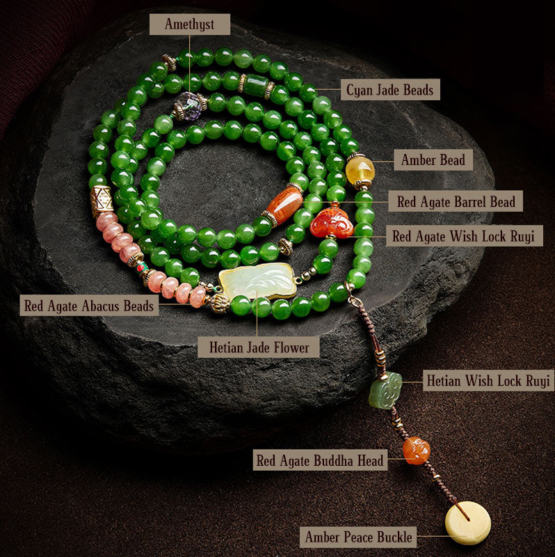 Buddha Stones108 個入りMalaシアン翡翠 赤瑪瑙 笑う仏陀 幸運のブレスレット