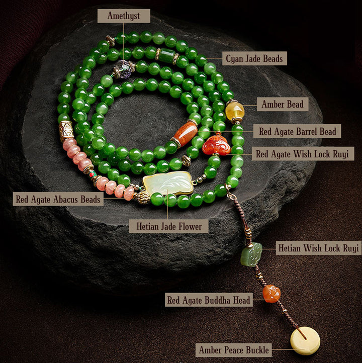 Buddha Stones108 個入りMalaシアン翡翠 赤瑪瑙 笑う仏陀 幸運のブレスレット