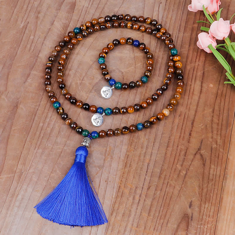Buddha Stones108Malaビーズ タイガーアイ 仏陀の強さのブレスレット タッセルネックレス ペンダント