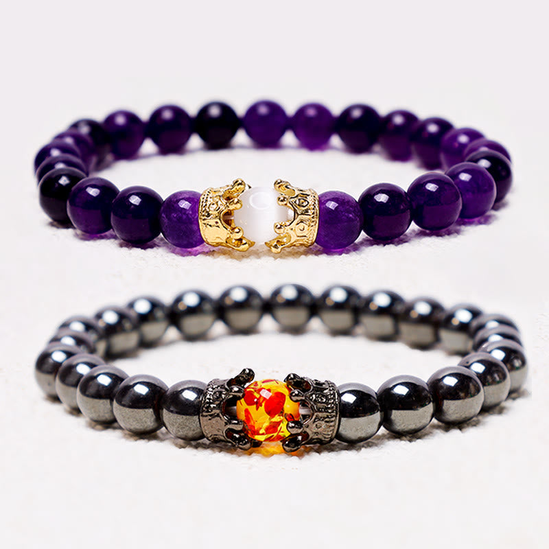 Buddha Stones天然石 キング＆クイーン クラウン ヒーリング エネルギー ビーズ カップル ブレスレット