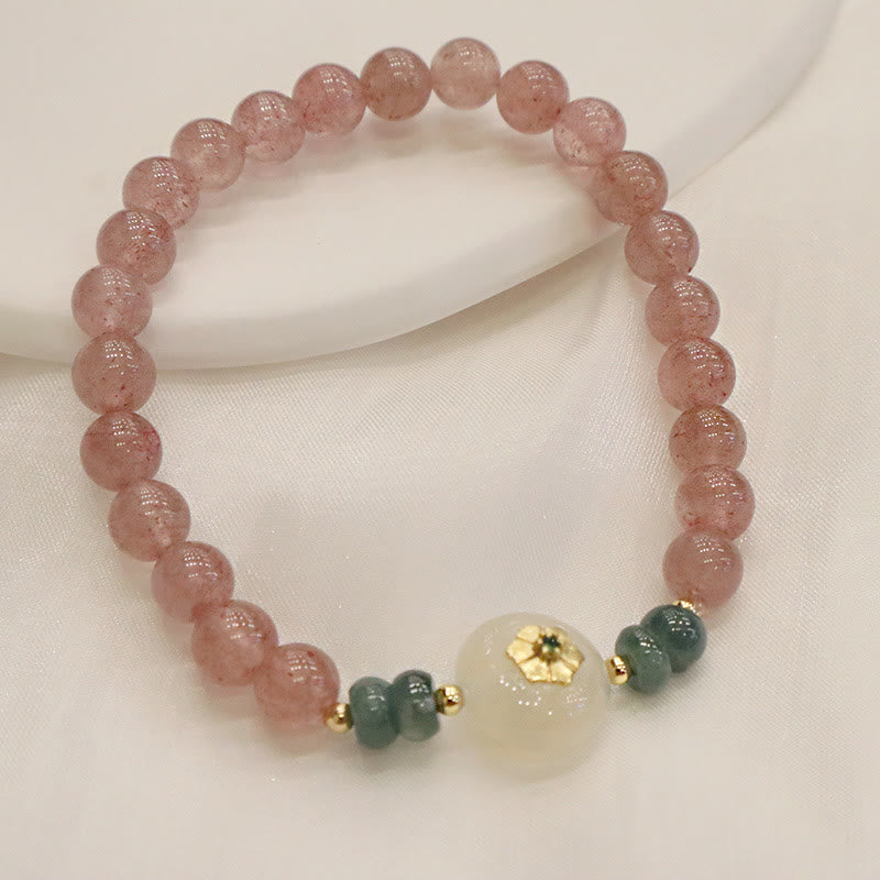 Buddha Stones天然ストロベリークォーツ カルセドニー 翡翠 ヒーリングブレスレット