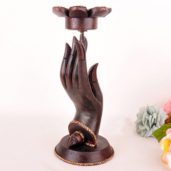Buddha Stonesの手模様の木製キャンドルスティックホームキャンドルホルダー装飾