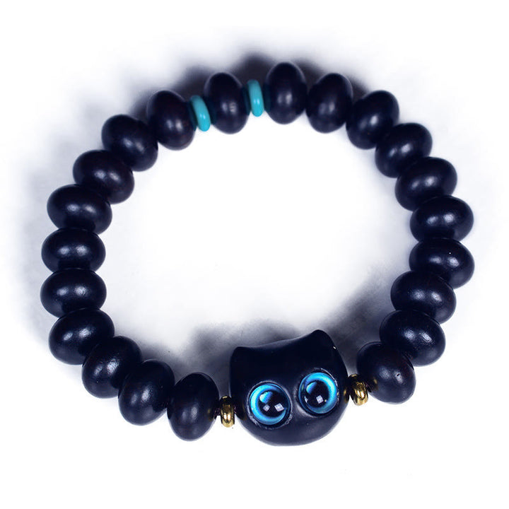 Buddha Stones、黒檀、琉璃ガラス、愛らしい猫の平和バランスブレスレット - image 9