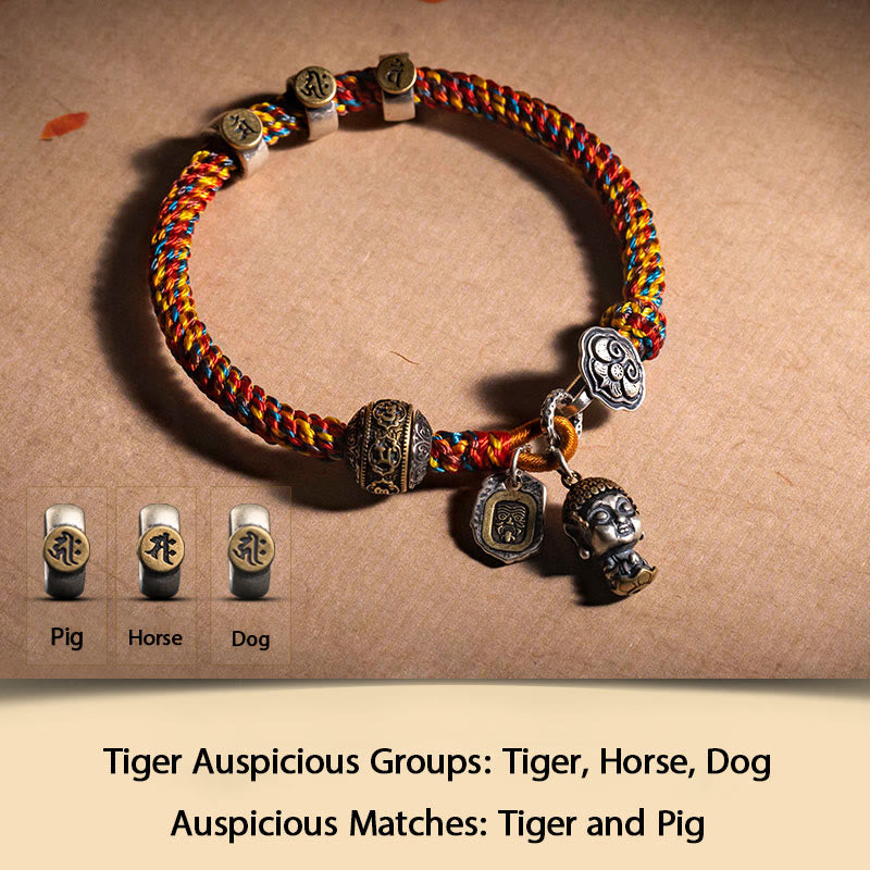 Buddha Stonesハンドメイド チベット 925 スターリングシルバー十二支誕生仏ザキラム 富の守護女神 マルチカラー ロープ編みブレスレット