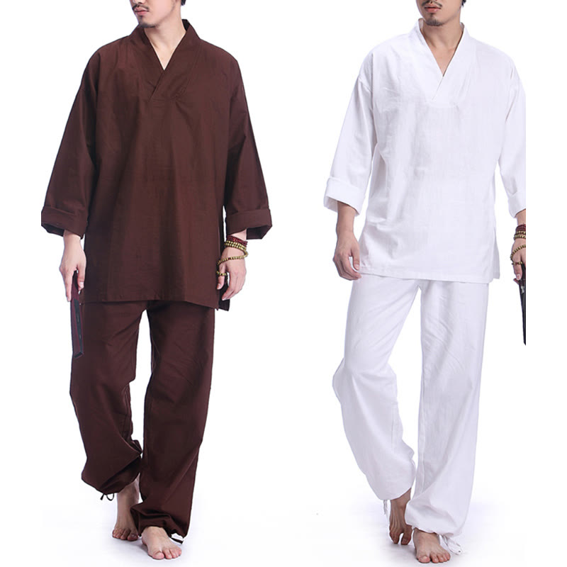 Buddha Stones瞑想祈りVネックデザインコットンリネンスピリチュアル禅練習ヨガウェアメンズセット - image 19