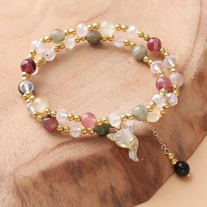 Buddha Stonesマルチカラー ルチルクォーツ キツネの守護 ダブルラップブレスレット