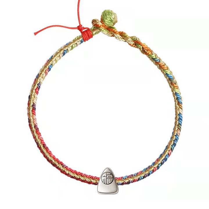 Buddha Stones925 スターリングシルバー 福文字粽柄 マルチカラーストリング 幸運 ハンドメイド 編み込みブレスレット