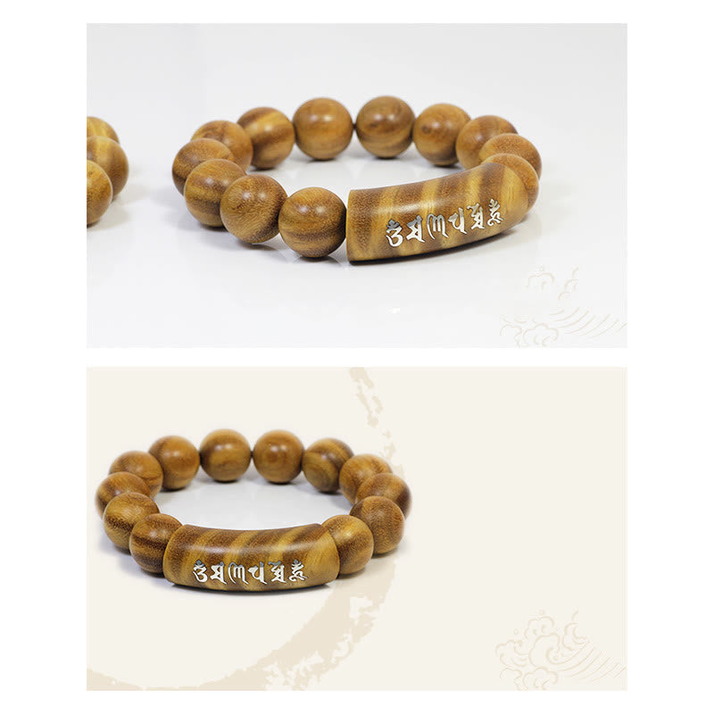 Buddha Stones999 スターリングシルバー グリーンサンダルウッドオーム・マニ・パドメ・フムドラゴンフェニックス ダルマチャクラ象嵌 平和ブレスレット