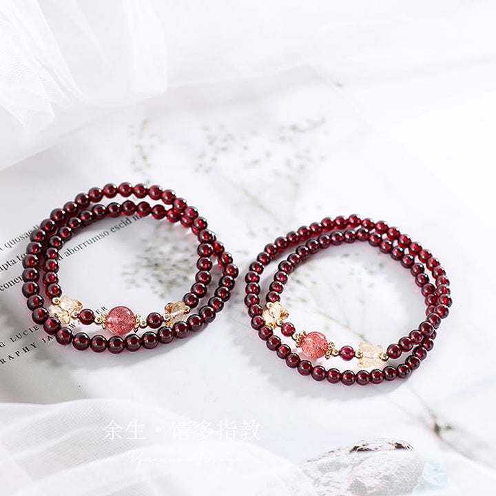 Buddha Stones 14Kゴールドメッキ 天然ガーネット ストロベリークォーツ バタフライプロテクション ダブルラップブレスレット