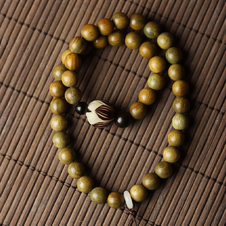 Buddha Stonesグリーンサンダルウッド 菩提樹の種子 蓮 癒しのダブルラップブレスレット