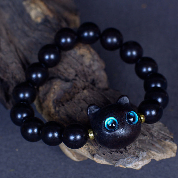 Buddha Stones、黒檀、琉璃ガラス、愛らしい猫の平和バランスブレスレット - image 14