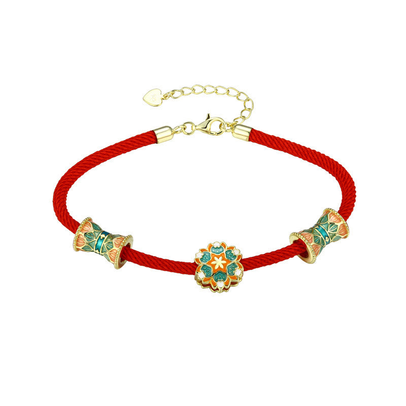 Buddha Stones敦煌 925 スターリングシルバー 蓮鼓 新たな始まり 赤いロープブレスレット