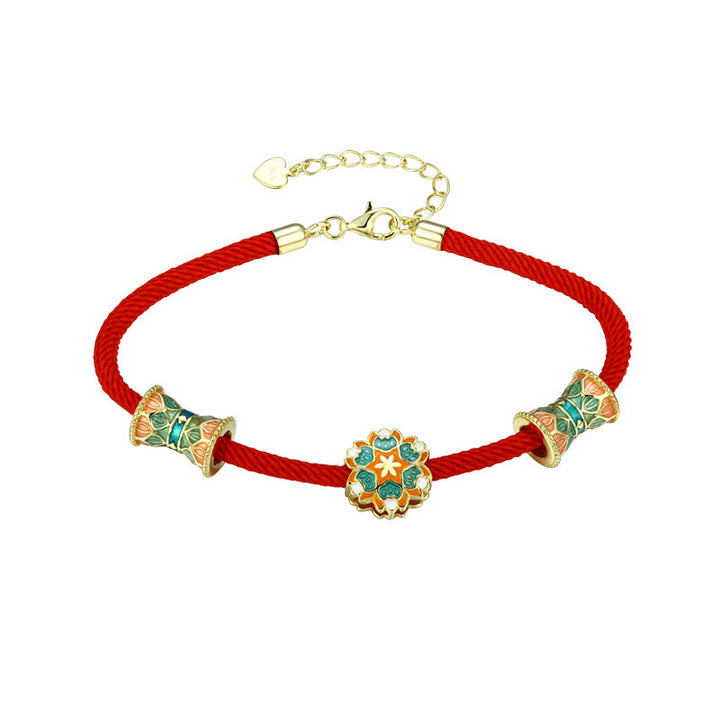 Buddha Stones敦煌 925 スターリングシルバー 蓮鼓 新たな始まり 赤いロープブレスレット