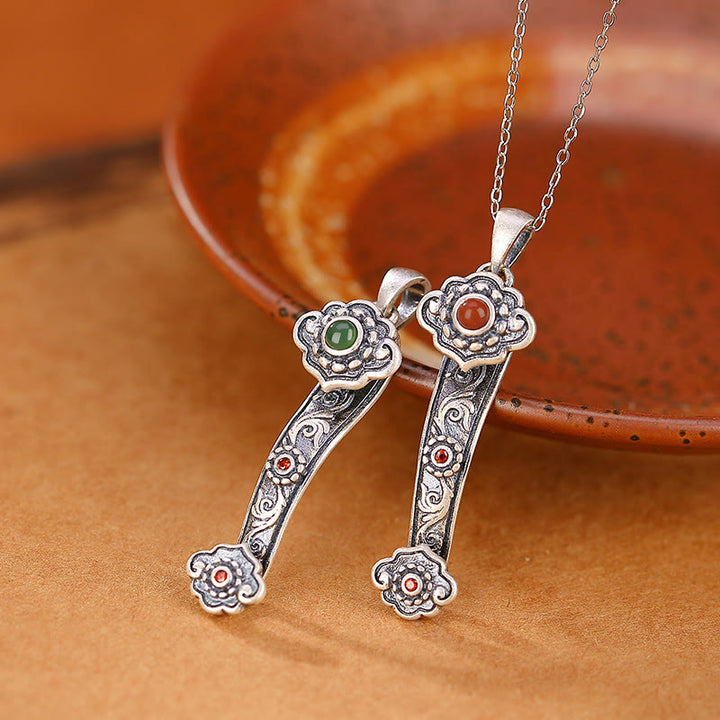 Buddha Stones925 スターリングシルバー 赤瑪瑙 青翡翠 吉兆雲如意柄 祝福ネックレスペンダント