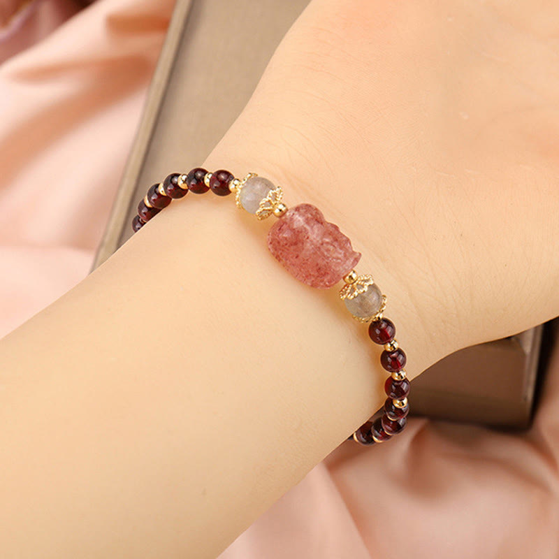 Buddha Stones天然トルマリンガーネット ストロベリークォーツ 貔貅ムーンストーン守護ブレスレット