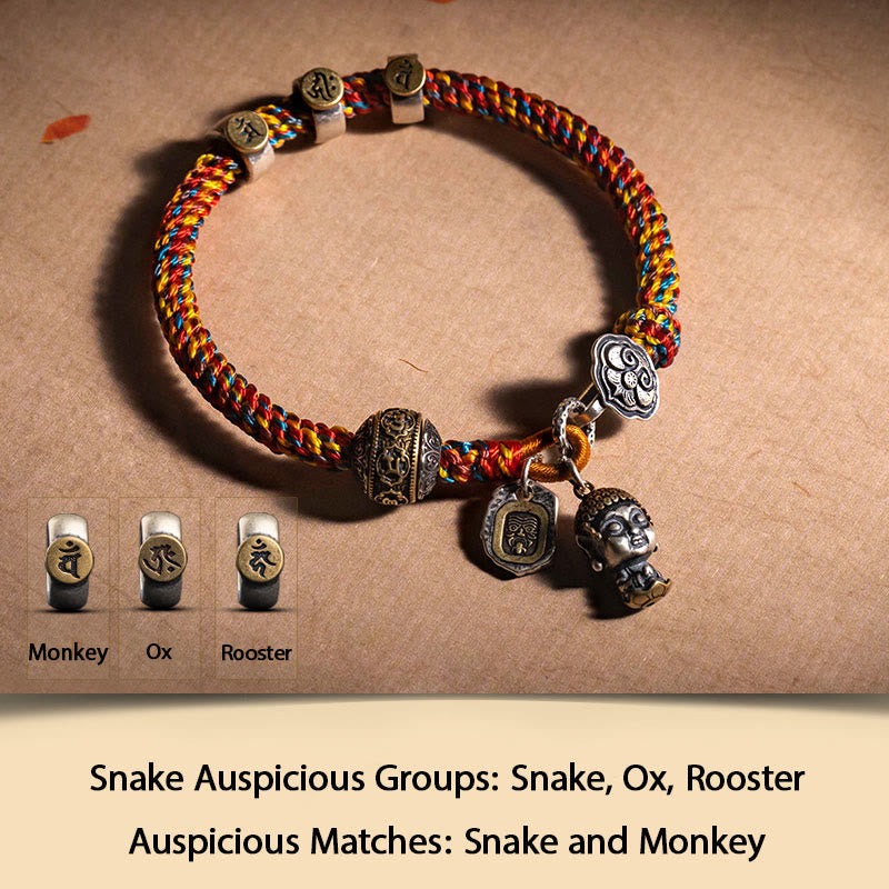 Buddha Stonesハンドメイド チベット 925 スターリングシルバー十二支誕生仏ザキラム 富の守護女神 マルチカラー ロープ編みブレスレット