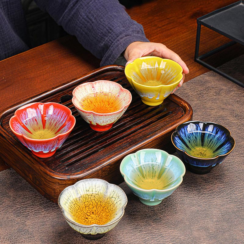Buddha Stones6個 梅の花びら模様 中国 Jianzhan 窯変 陶器 ティーカップ カンフー ティーカップ ボウル ギフトボックス付き