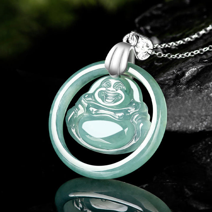 Buddha Stones925スターリングシルバー 天然翡翠 ラウンド 笑い仏 豊穣 チェーンネックレス ペンダント