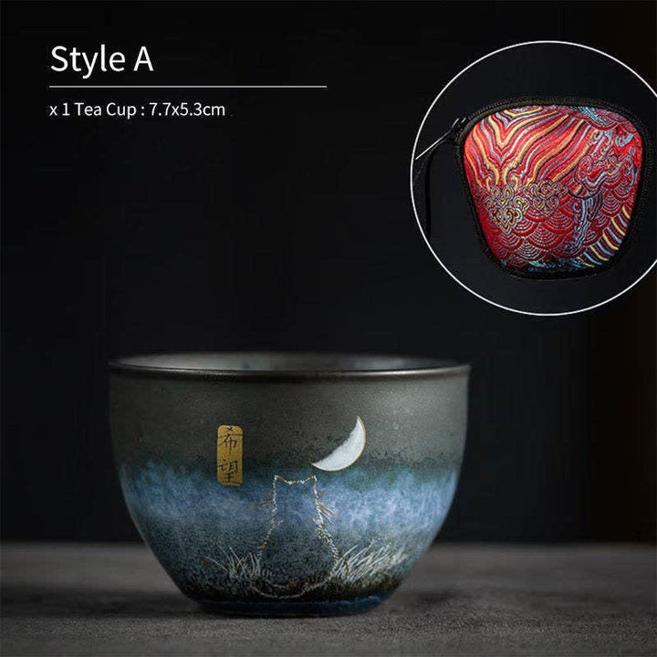 Buddha Stones陶器ティーカップ 愛らしい猫 ブラックティーカップ 140ml