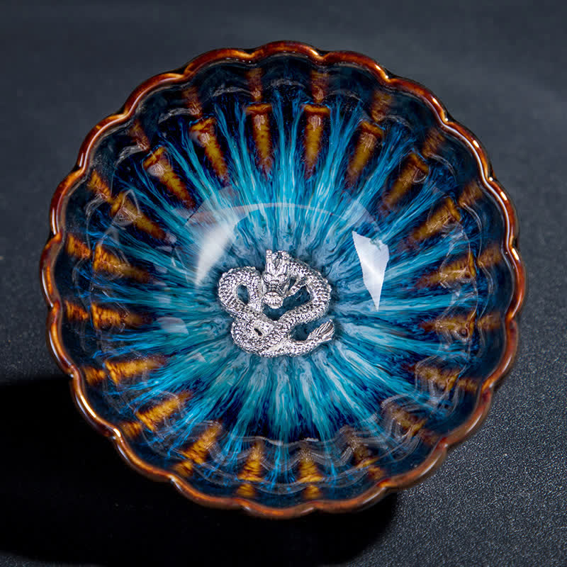 Buddha Stones蓮 金魚 縁起の良い龍 鳳凰 陶器 ティーカップ 象嵌 ティーカップ 130ml