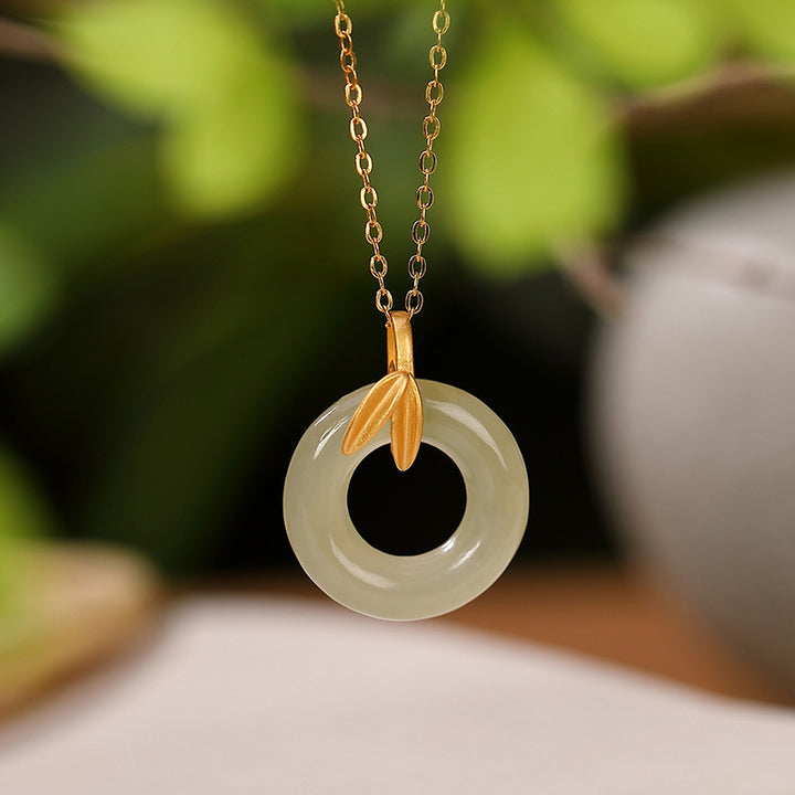Buddha Stones 925スターリングシルバー シアン翡翠 ピースバックル 竹の葉 ハーモニーネックレスペンダント