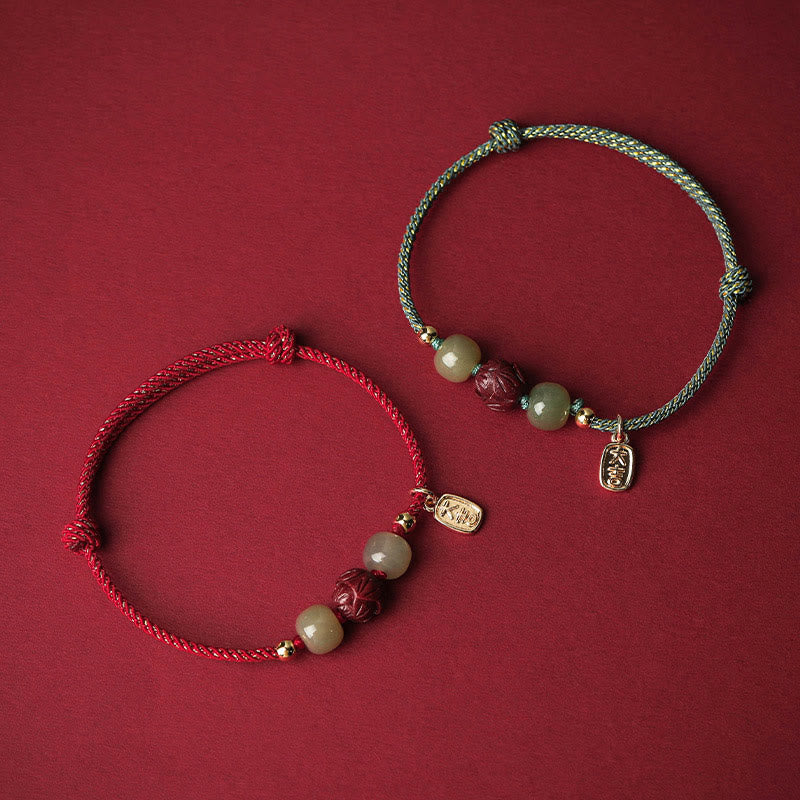 Buddha Stones14K ゴールドメッキ 和田翡翠 辰砂 蓮華 幸運 手作り ロープブレスレット - image 1