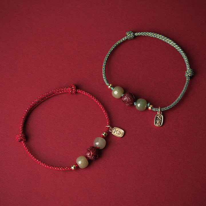 Buddha Stones14K ゴールドメッキ 和田翡翠 辰砂 蓮華 幸運 手作り ロープブレスレット - image 1