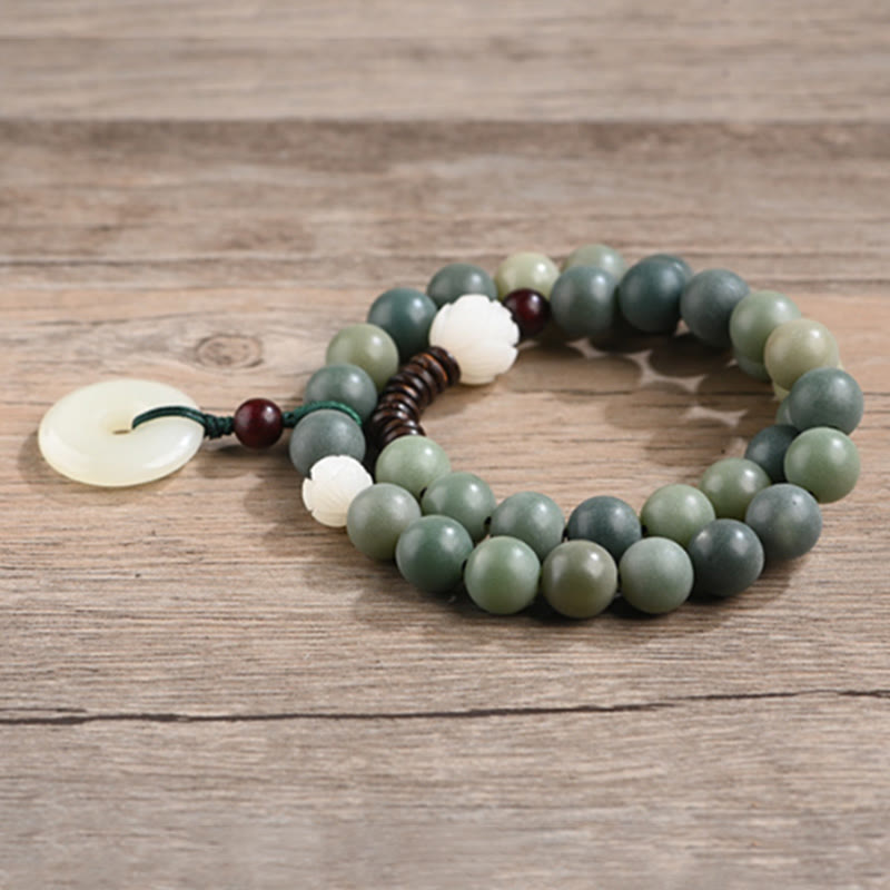 Buddha Stonesシアン菩提樹の種子 蓮の翡翠 平和バックル ウィズダム ダブルラップブレスレット