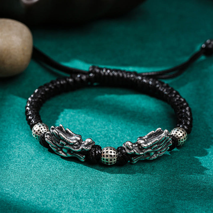 Buddha Stones999 スターリングシルバー ダブルドラゴン 幸運 ハンドメイド 編み込みブレスレット