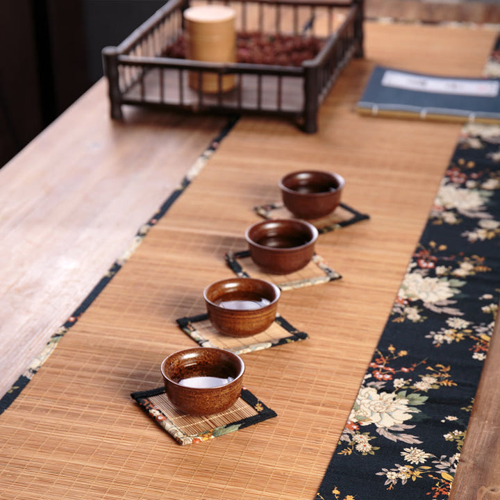 Buddha Stonesヴィンテージ 牡丹の花 竹製 カップマット パッド ティーカップ コースター カンフー ティーマット