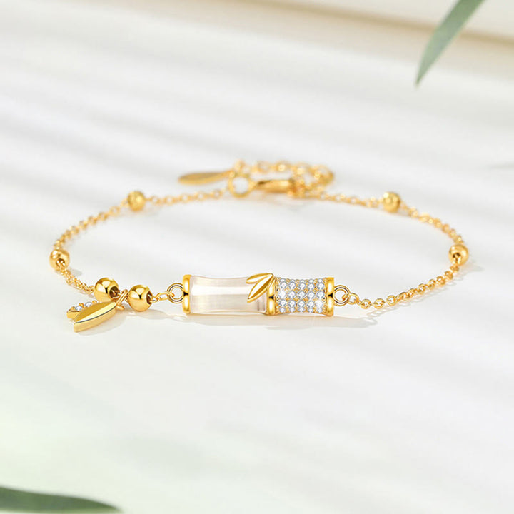 Buddha Stones 925スターリングシルバー 18Kゴールドメッキ ホワイトジェイド 竹 ジルコン リーフ 幸運ブレスレット