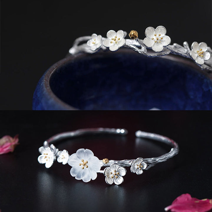 Buddha Stones925スターリングシルバー プラムフラワー 祝福ブレスレット 調節可能バングル