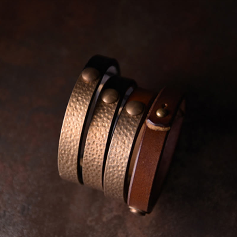 Buddha Stonesヴィンテージ ハンドメイド テクスチャ 銅 真鍮 レザー開運財運ブレスレットバングル