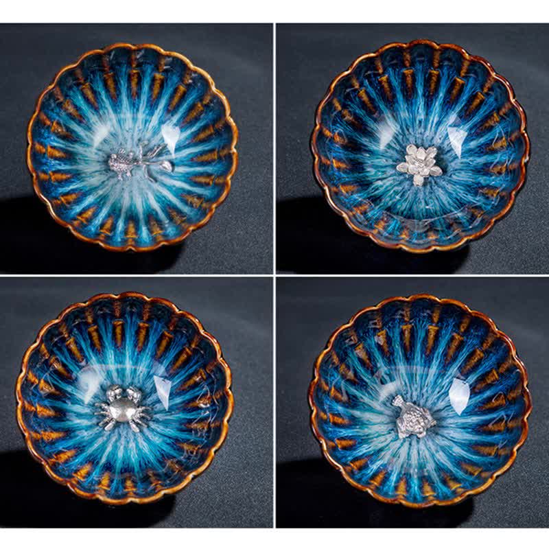 Buddha Stones蓮 金魚 縁起の良い龍 鳳凰 陶器 ティーカップ 象嵌 ティーカップ 130ml