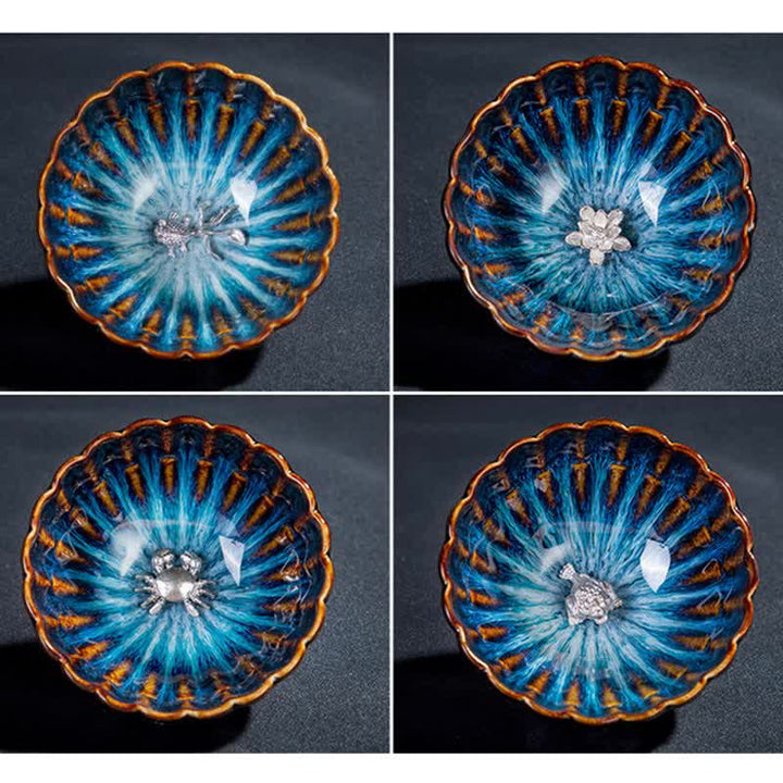 Buddha Stones蓮 金魚 縁起の良い龍 鳳凰 陶器 ティーカップ 象嵌 ティーカップ 130ml