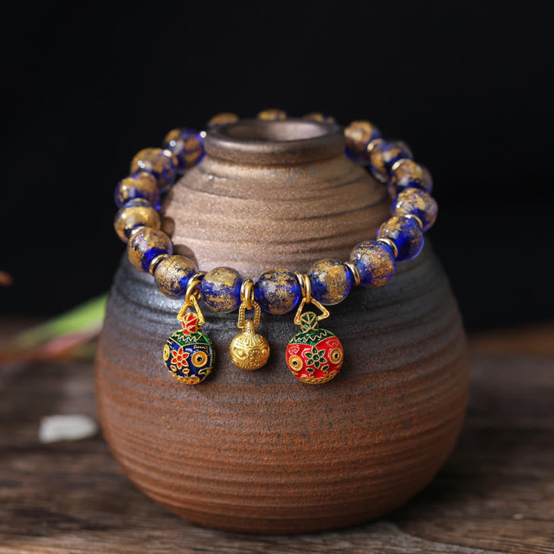 Buddha Stones金呑み獣ファミリーチャーム 金銀箔 琉璃ガラスビーズ 祝福ブレスレット