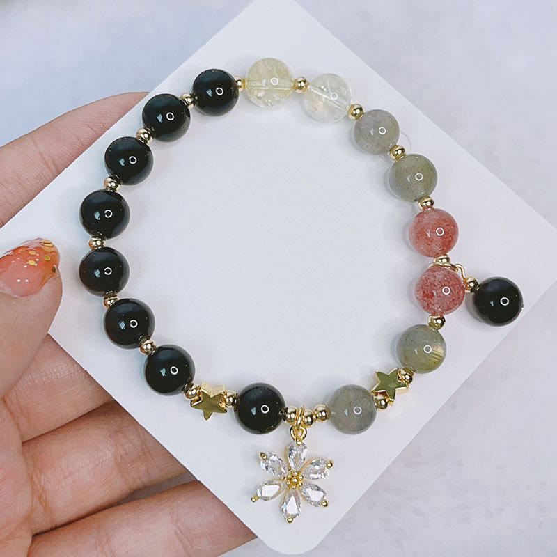 Buddha Stones天然銀光沢黒曜石 ラブハート スターフラワー 守護ブレスレット