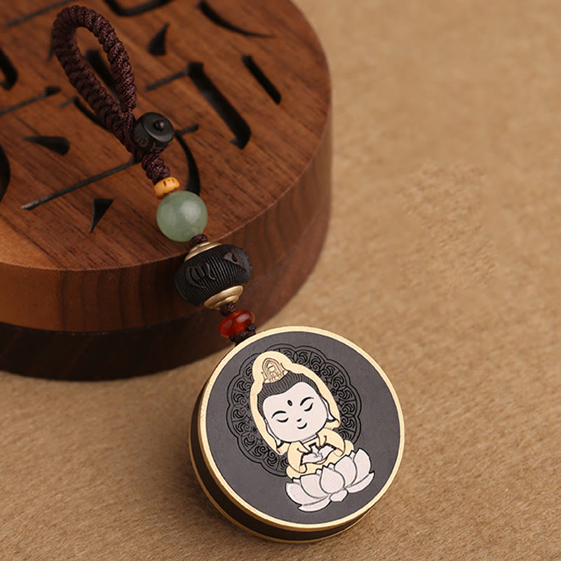 Buddha Stones黒檀木材ローズウッド仏観音菩薩Om Mani Padme Humバランス車のキーチェーン装飾