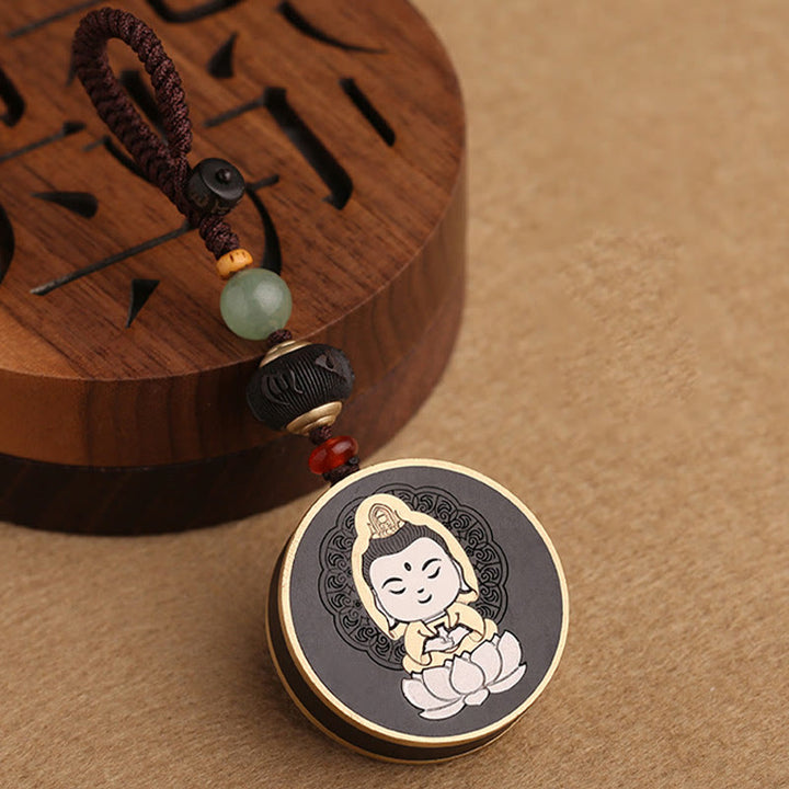 Buddha Stones黒檀木材ローズウッド仏観音菩薩Om Mani Padme Humバランス車のキーチェーン装飾