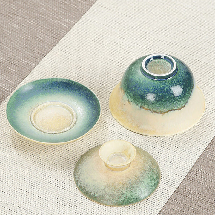 Buddha Stones緑の海の波模様 磁器 セラミック 蓋碗 三彩 ティーカップ カンフー ティーカップ ソーサー 蓋付き